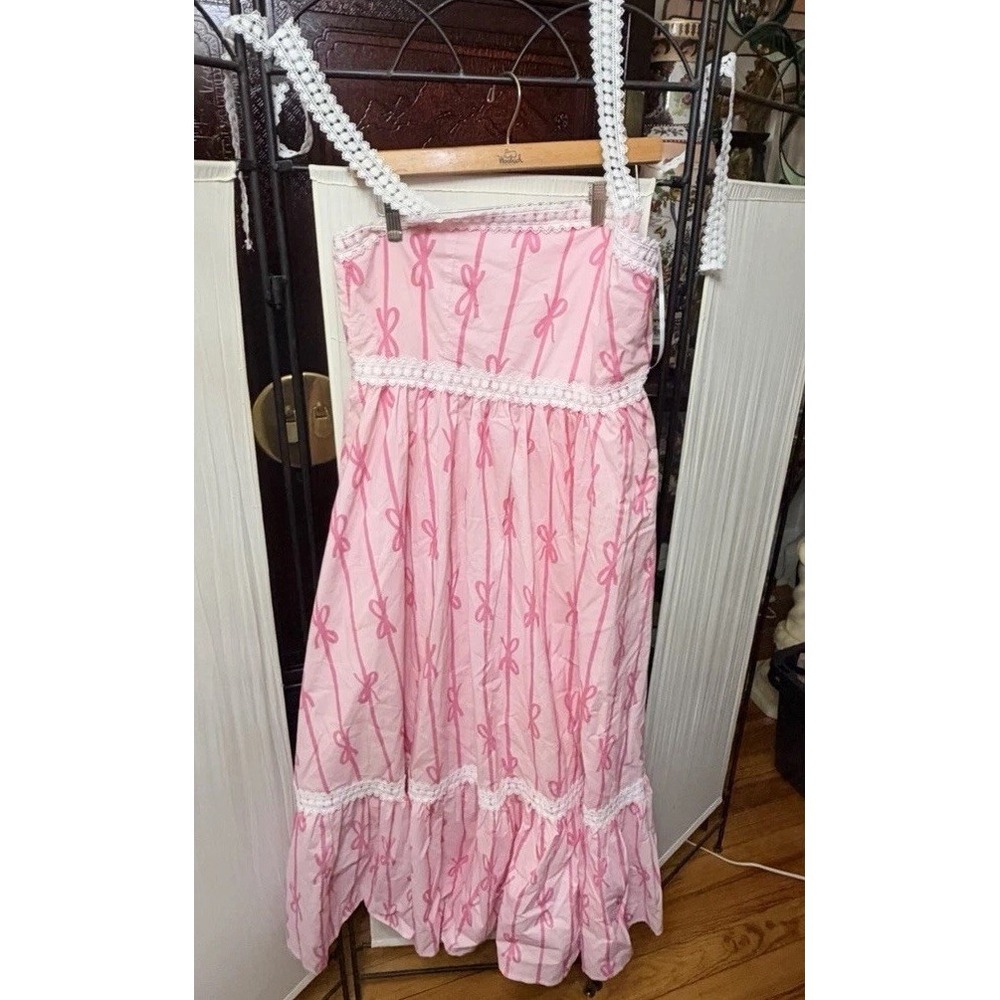 Chic Soul Women's 2X Pink Bow Print Maxi Dress Crochet Trim Cottagecore